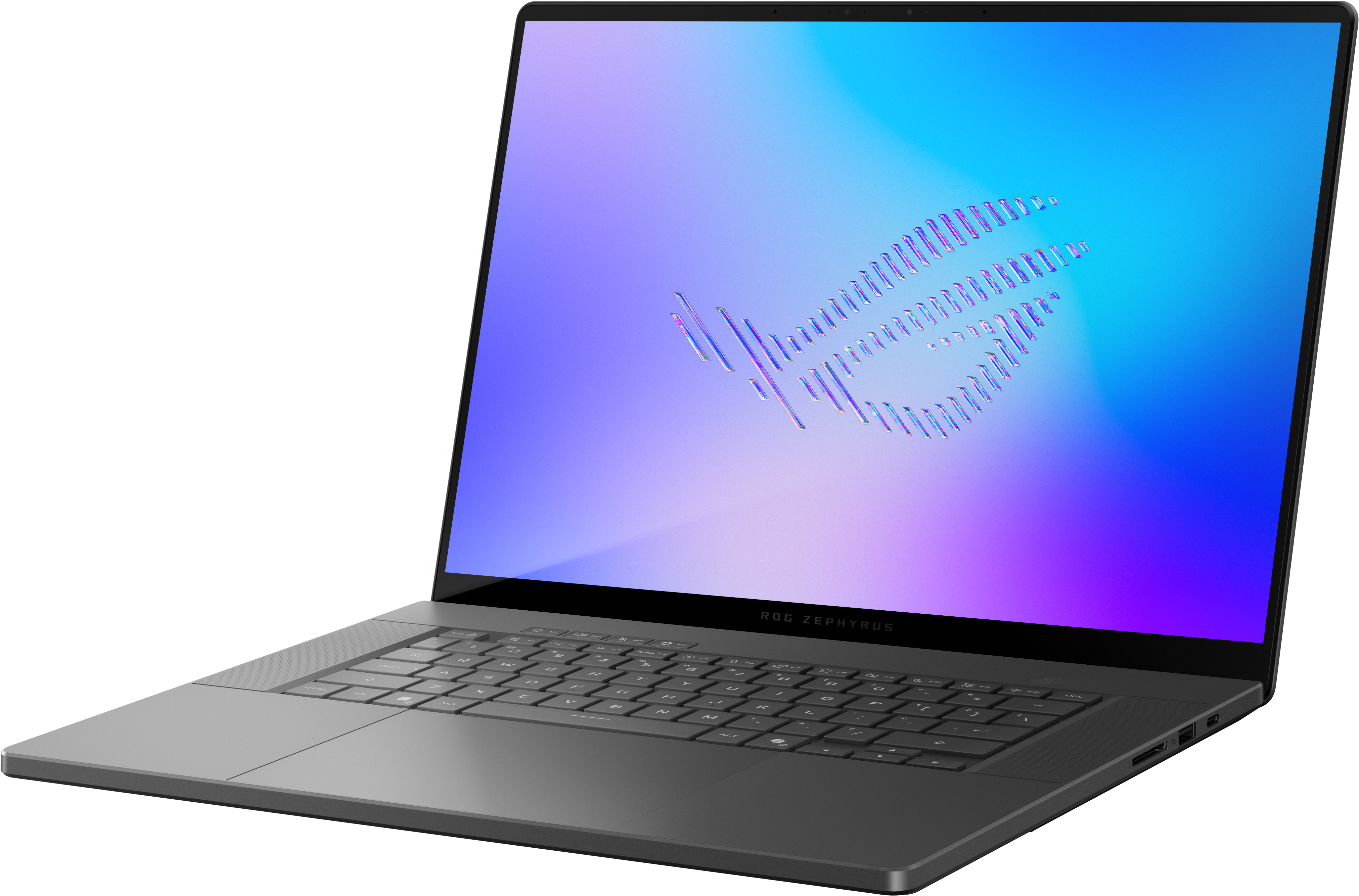 Ordinateur portable gris avec clavier rétroéclairé et logo ROG Zephyrus.