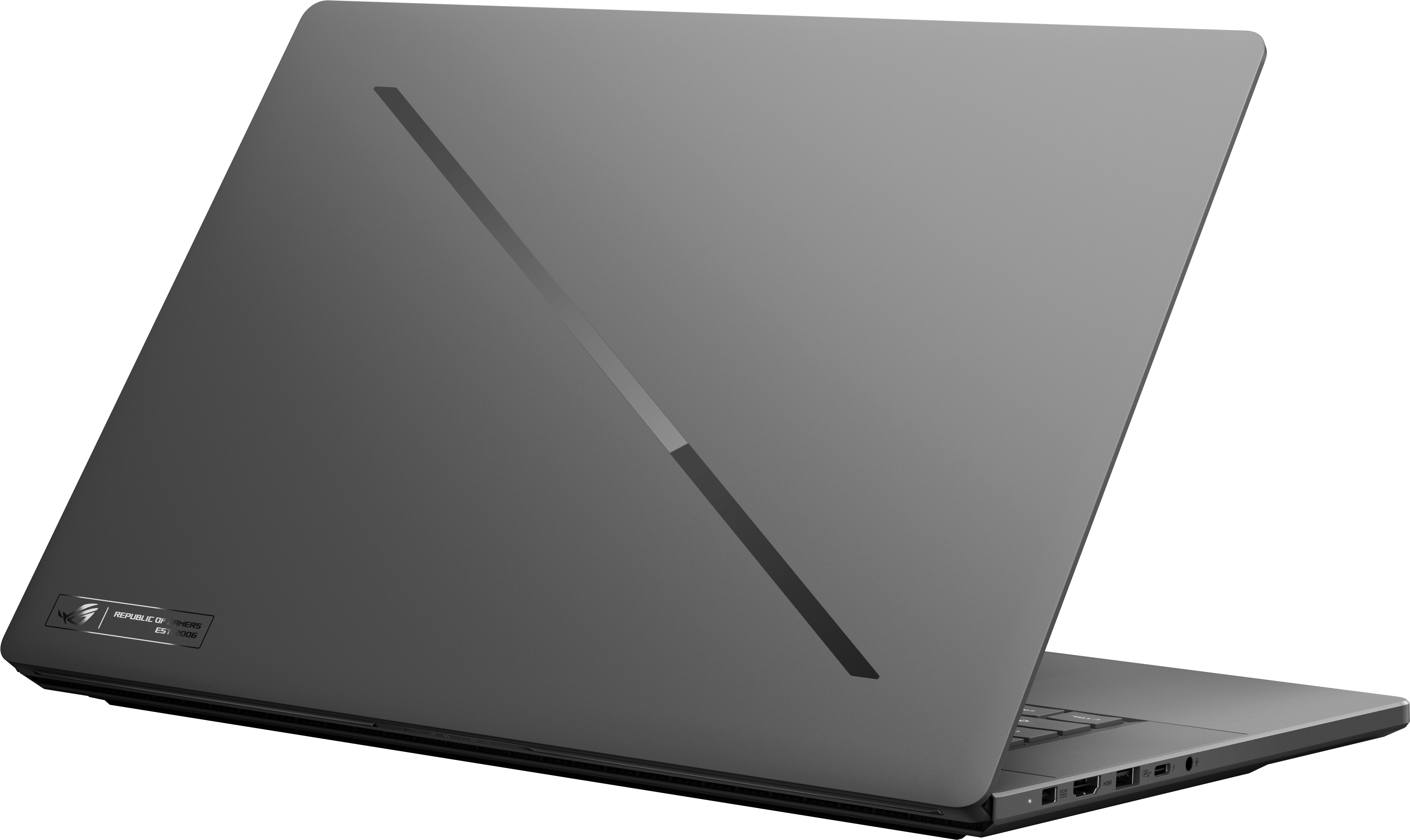 Ordinateur portable gris avec ligne diagonale et logo ROG au dos.