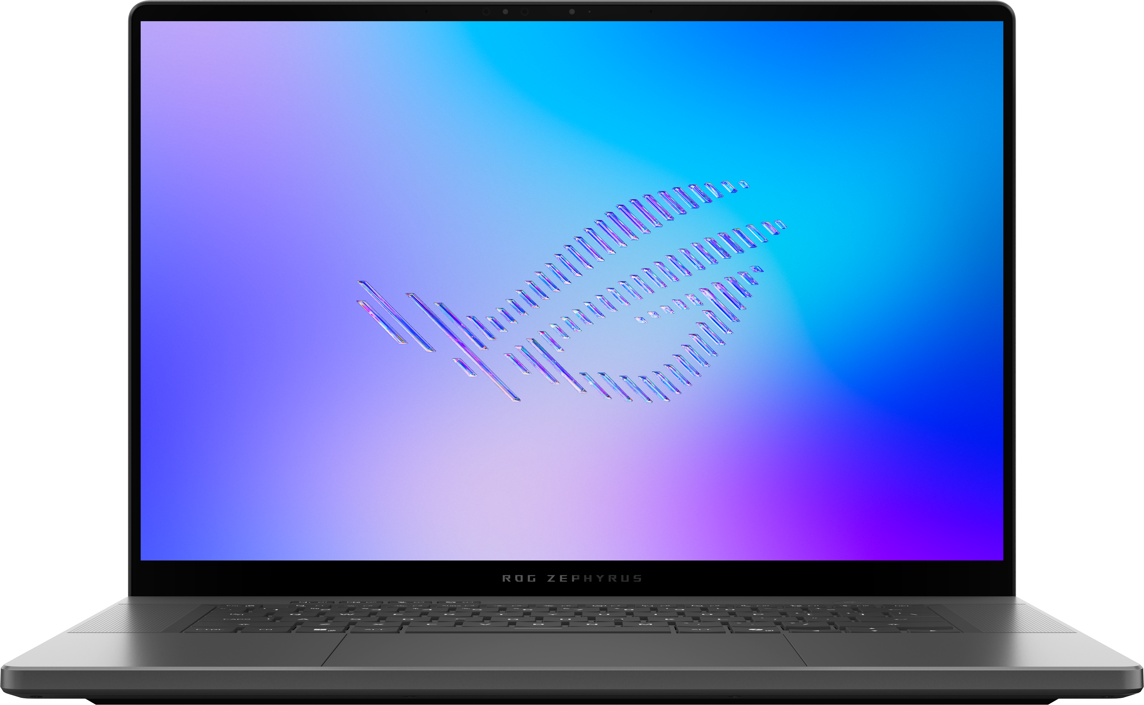 Un ordinateur portable ouvert affichant le logo ROG Zephyrus sur son écran.