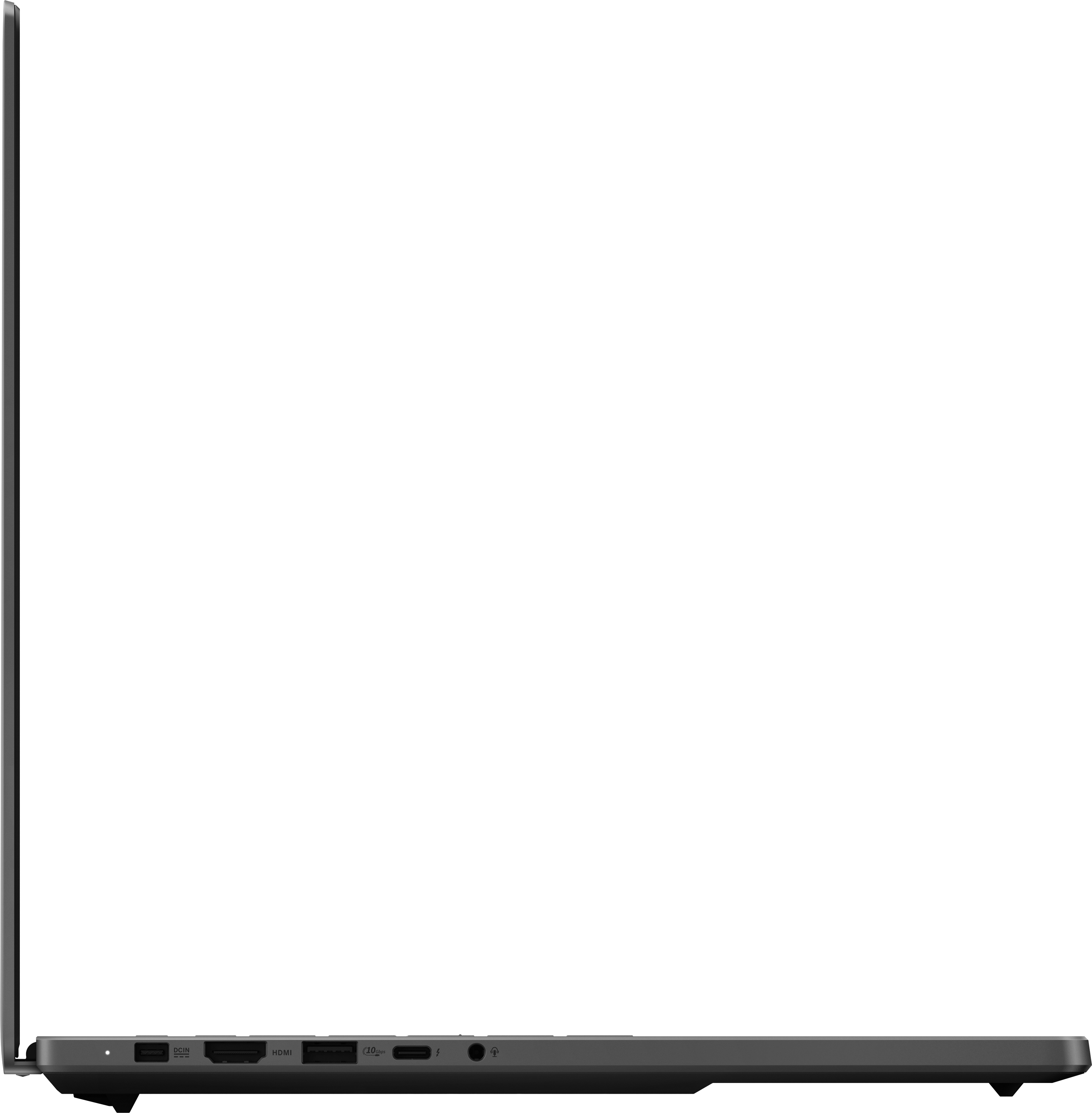 Vue latérale d'un ordinateur portable sombre montrant les ports: USB, DCIN, HDMI, USB-C, éclair, casque.