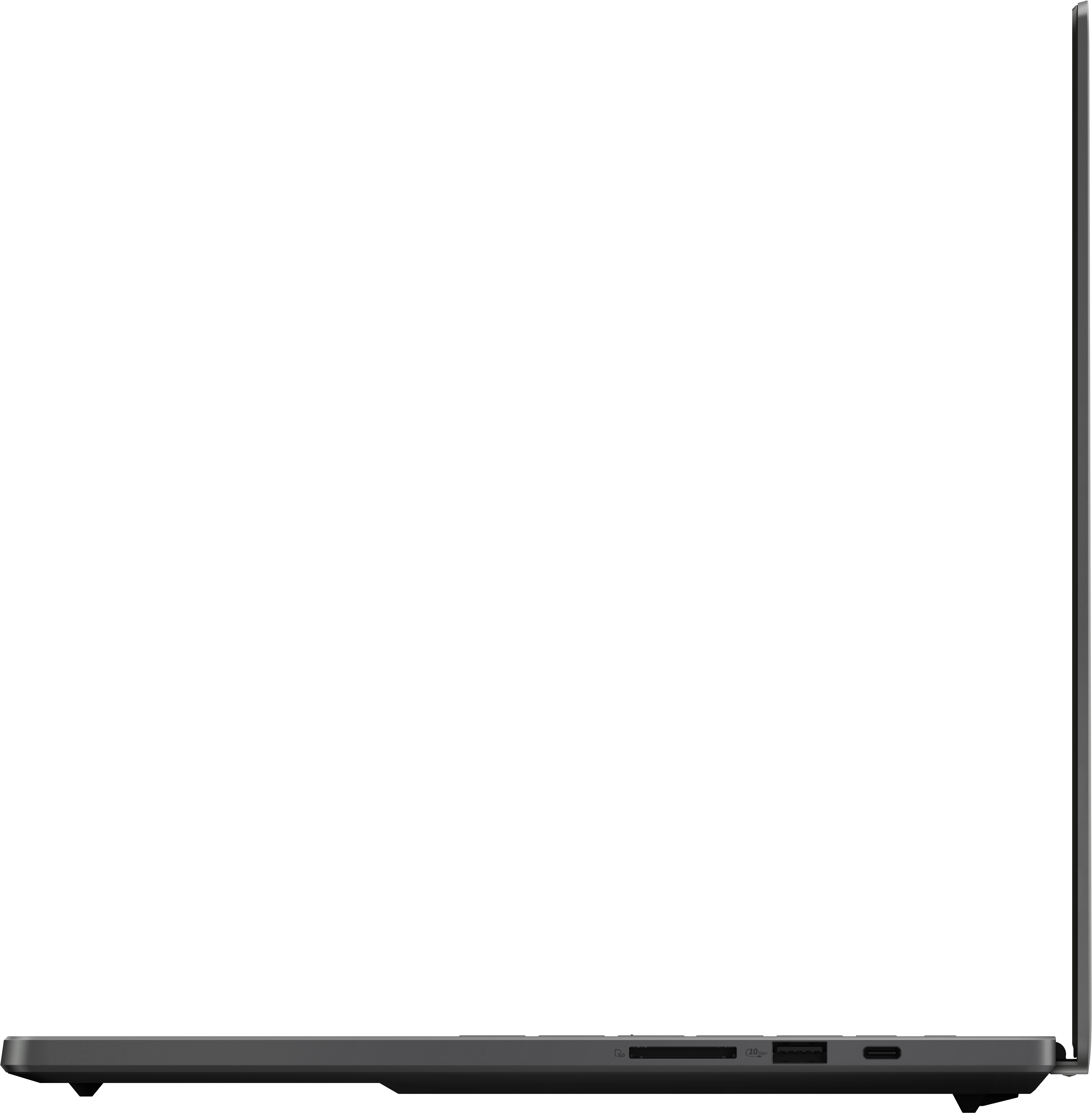 Vue latérale d'un ordinateur portable sombre avec ports USB-C, lecteur de carte SD et USB-A.