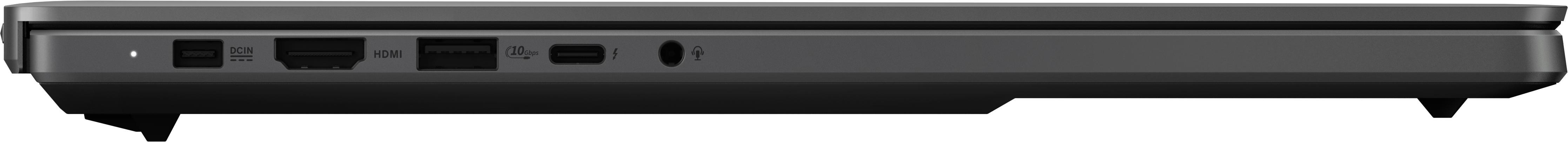 Boîtier gris d'ordinateur portable avec ports USB, HDMI, Thunderbolt et audio.