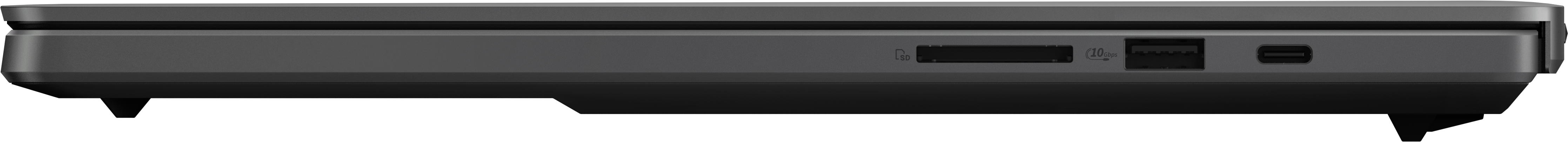 Boîtier d'ordinateur portable gris avec fente pour carte SD et ports USB.
