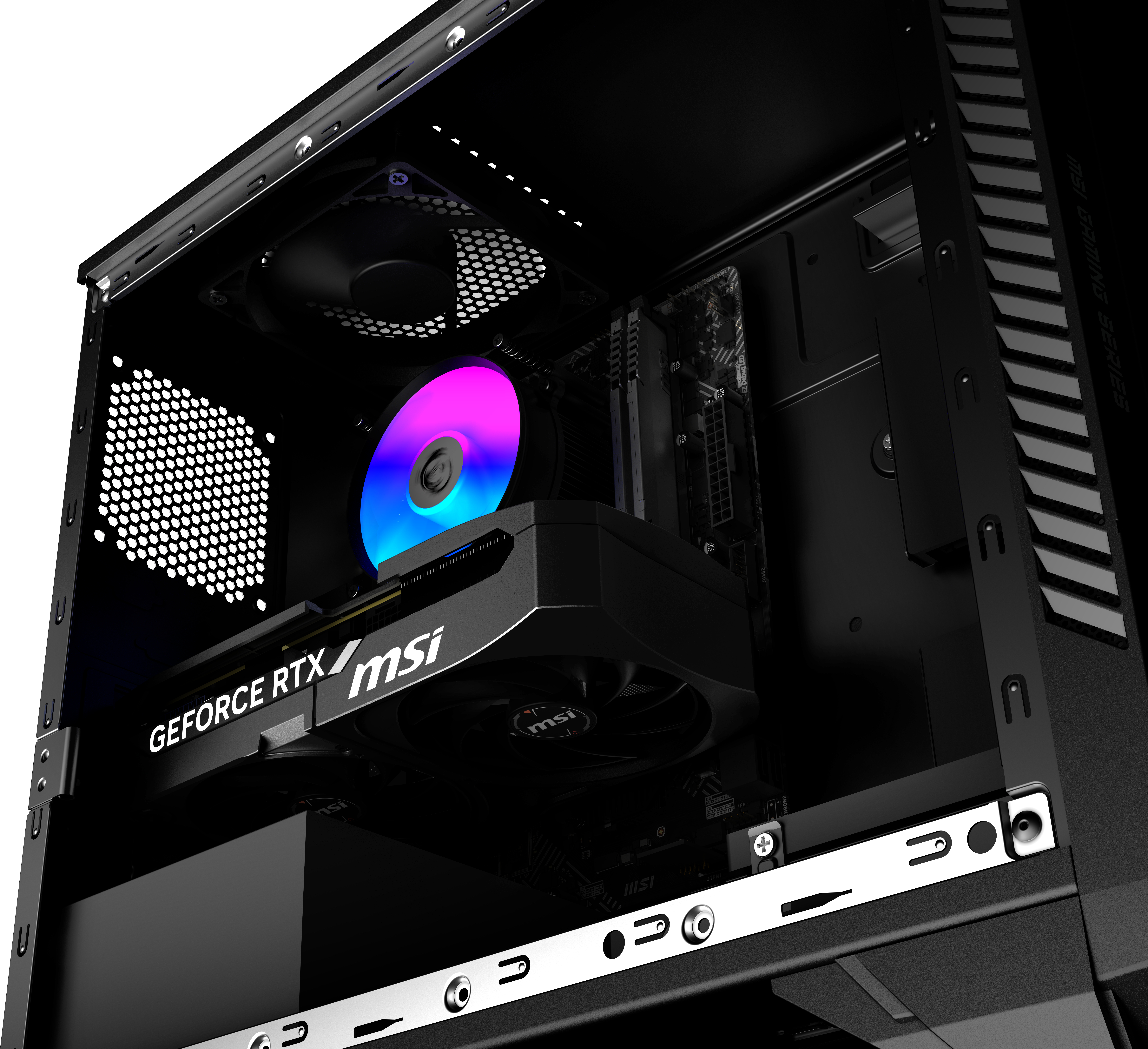 Ein geöffneter Gaming-PC mit RGB-Lüfter, Grafikkarte und Motherboard.
