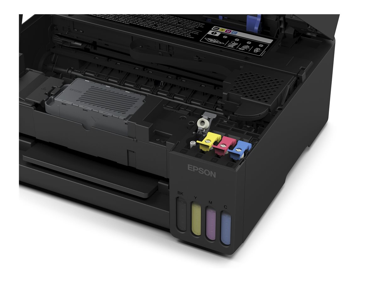 Schwarzer Epson Drucker mit geöffnetem Deckel, zeigt Tintentanks und Patronen.
