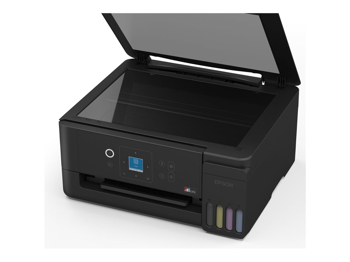 Schwarzer Epson Drucker mit geöffnetem Scannerdeckel und Tintenbehältern.