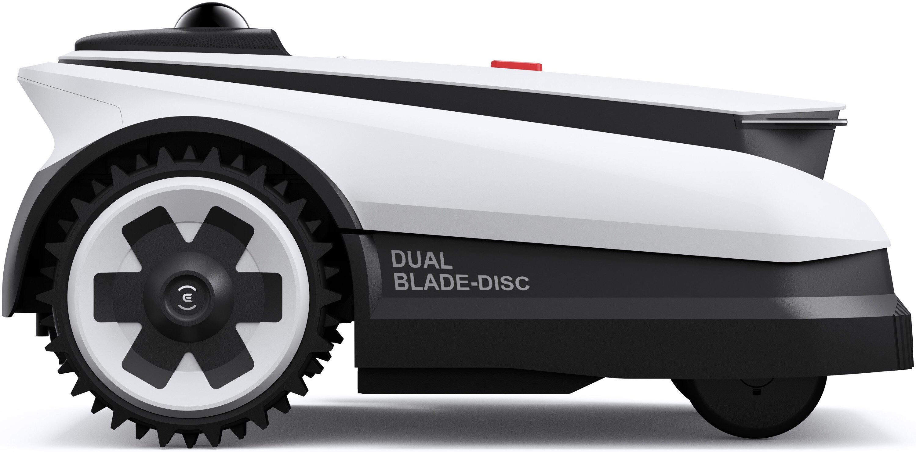 Biała i czarna kosiarka automatyczna z dużymi kołami, z napisem 'DUAL BLADE-DISC'.