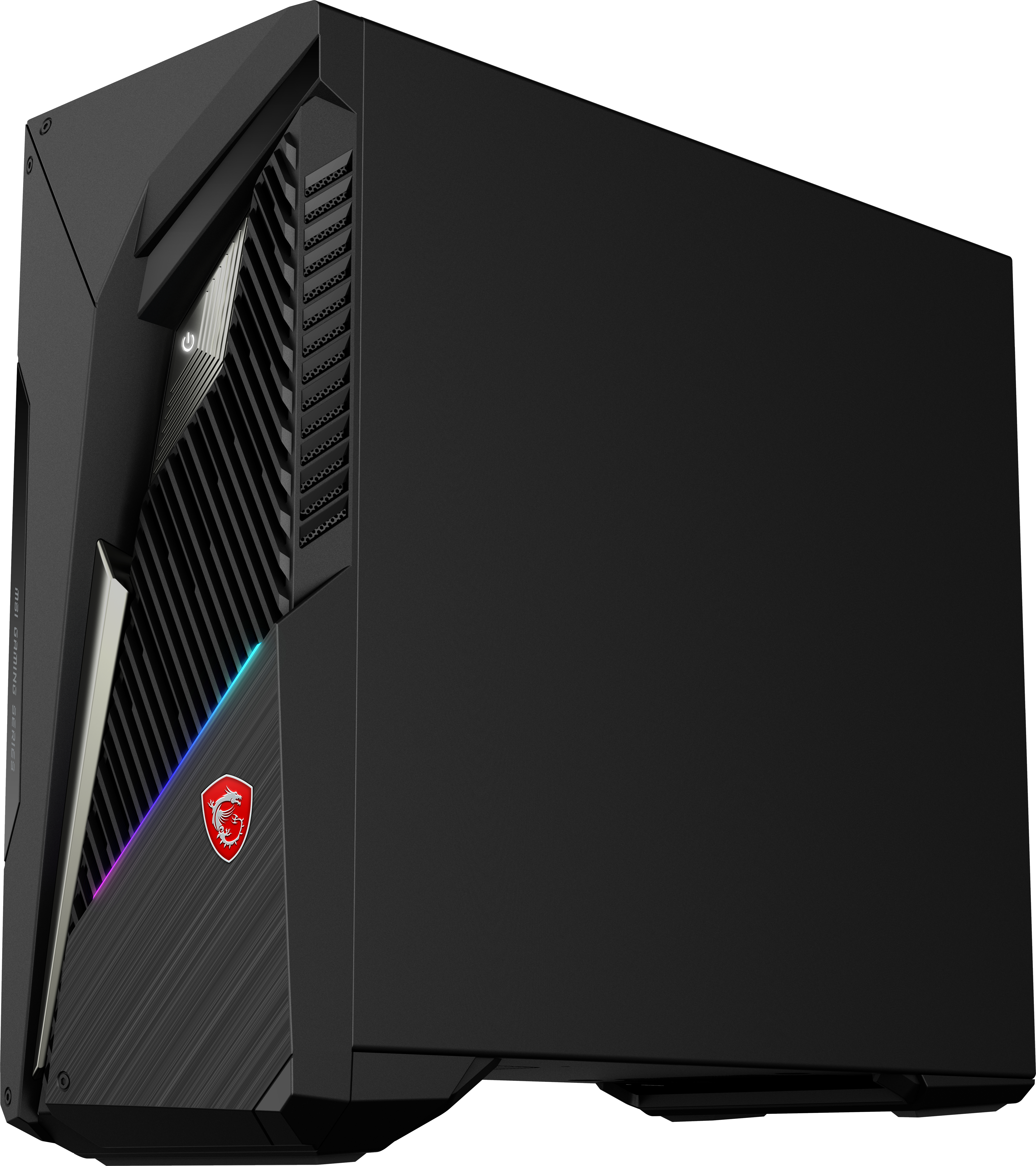 Schwarzer Gaming-PC mit MSI-Logo und blauer/violetter Beleuchtung an der Vorderseite.