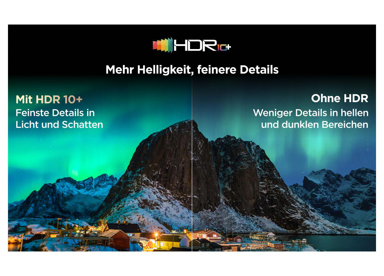 Vergleich von HDR 10+ mit und ohne für mehr Helligkeit und Details.