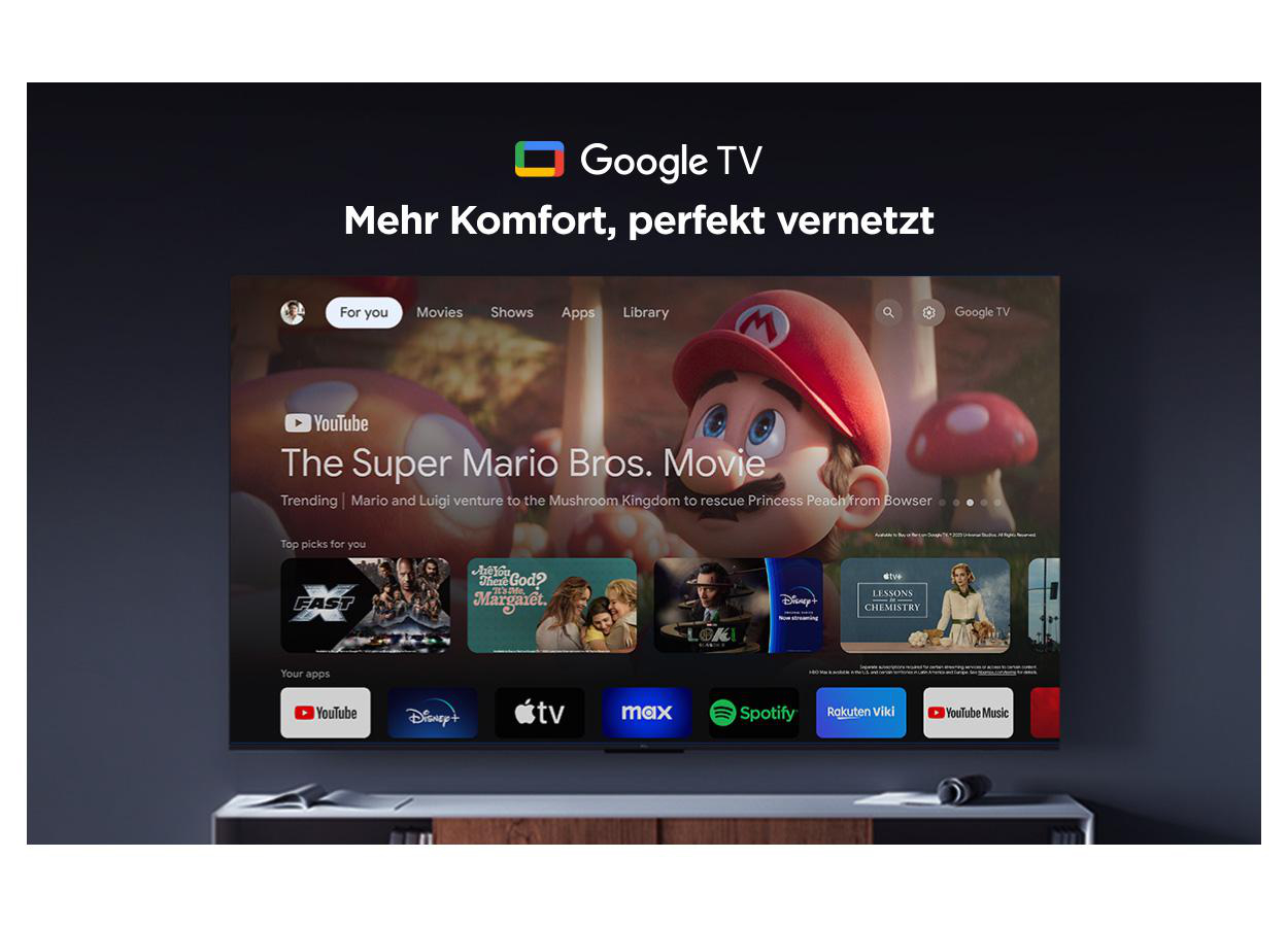 Google TV Startbildschirm mit Super Mario Bros. Film und App-Icons.