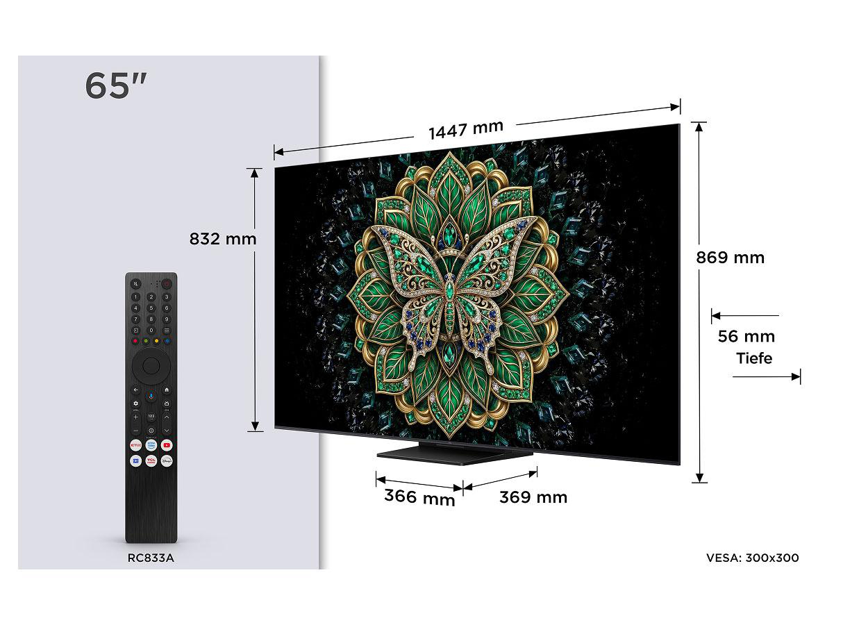 65-Zoll-Fernseher mit Fernbedienung und detaillierten Maßen.