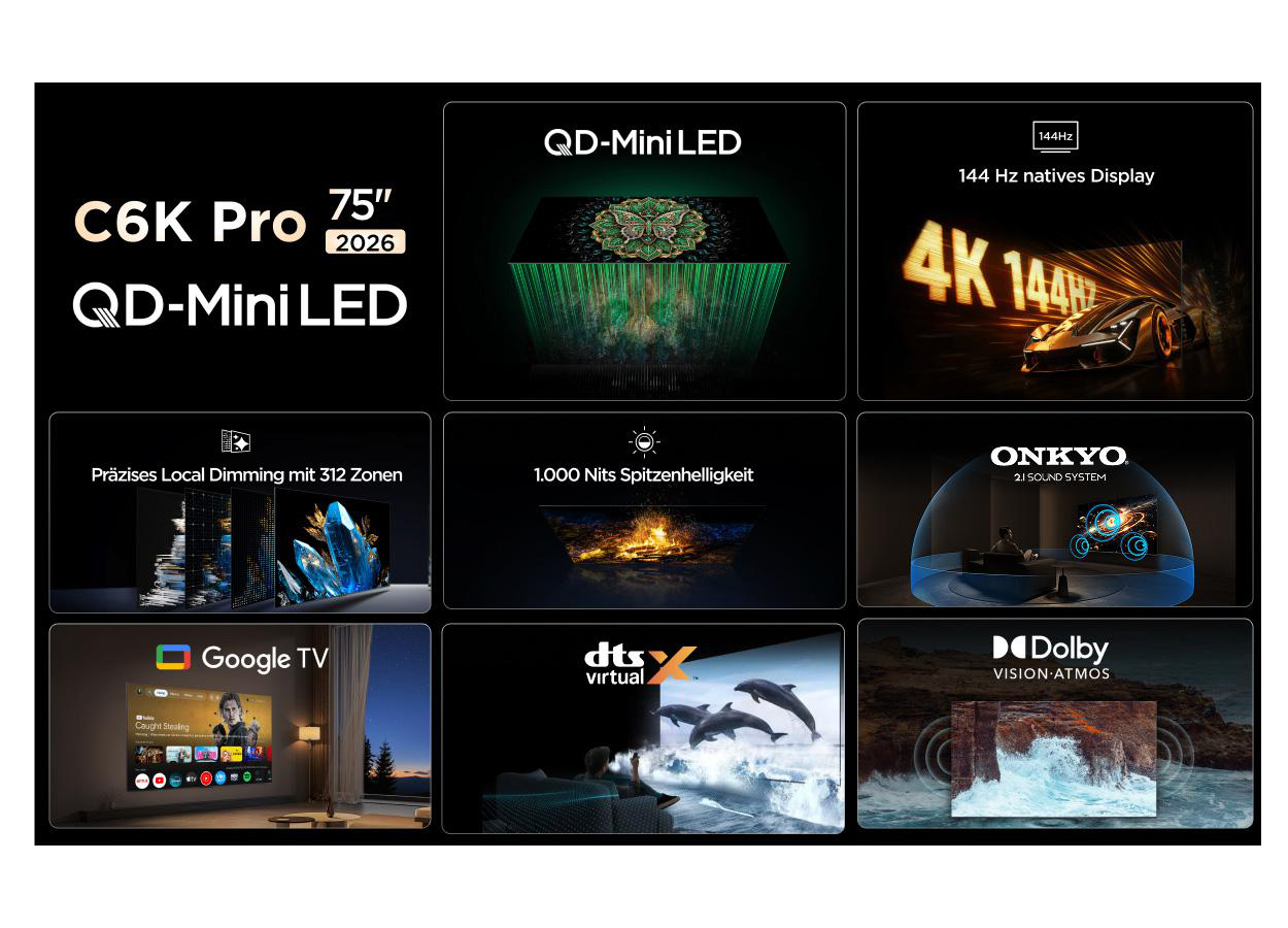 C6K Pro 75 Zoll QD-Mini LED TV mit 144Hz, Local Dimming, 1000 Nits, Google TV, Onkyo Sound, DTS:X, Dolby Vision.