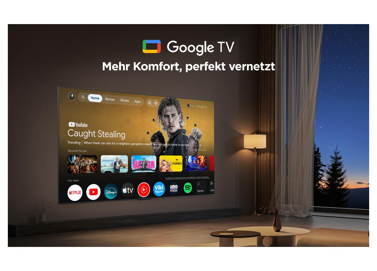 Google TV: Ein Fernseher mit „Caught Stealing“-Film und App-Icons.