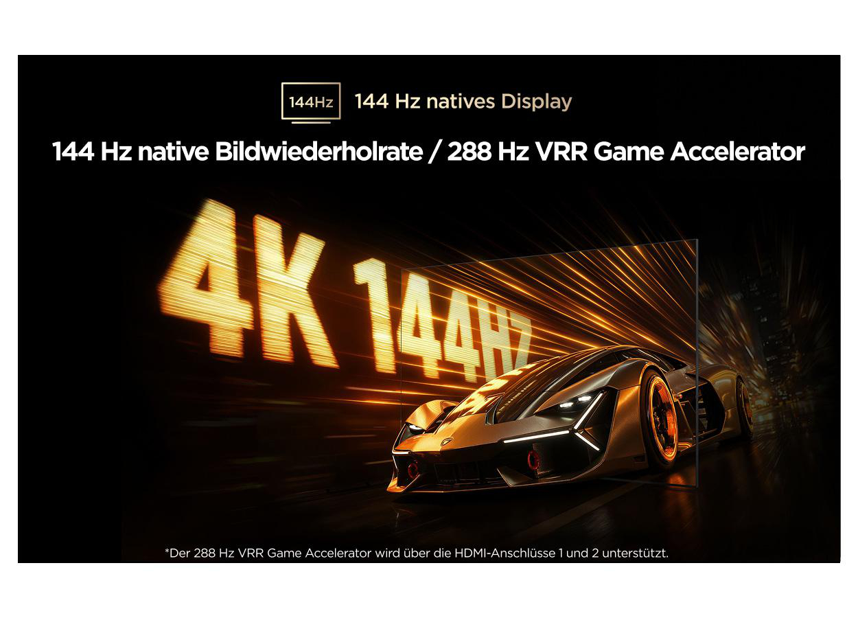 Ein futuristisches Auto vor 4K 144Hz Text. Der Bildschirm hat eine Bildwiederholrate von 144Hz.