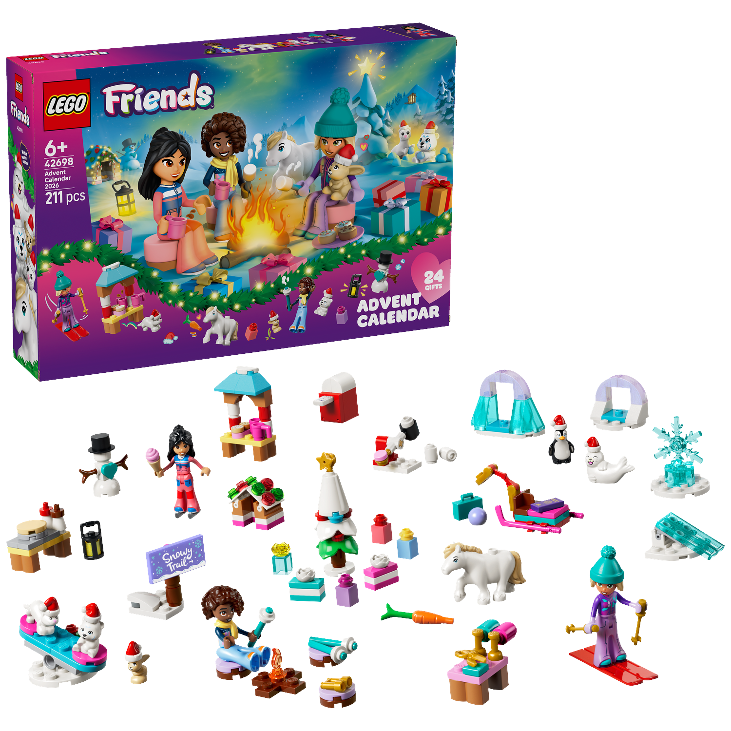 Calendrier de l'Avent LEGO Friends avec figurines, animaux et accessoires sur fond noir.