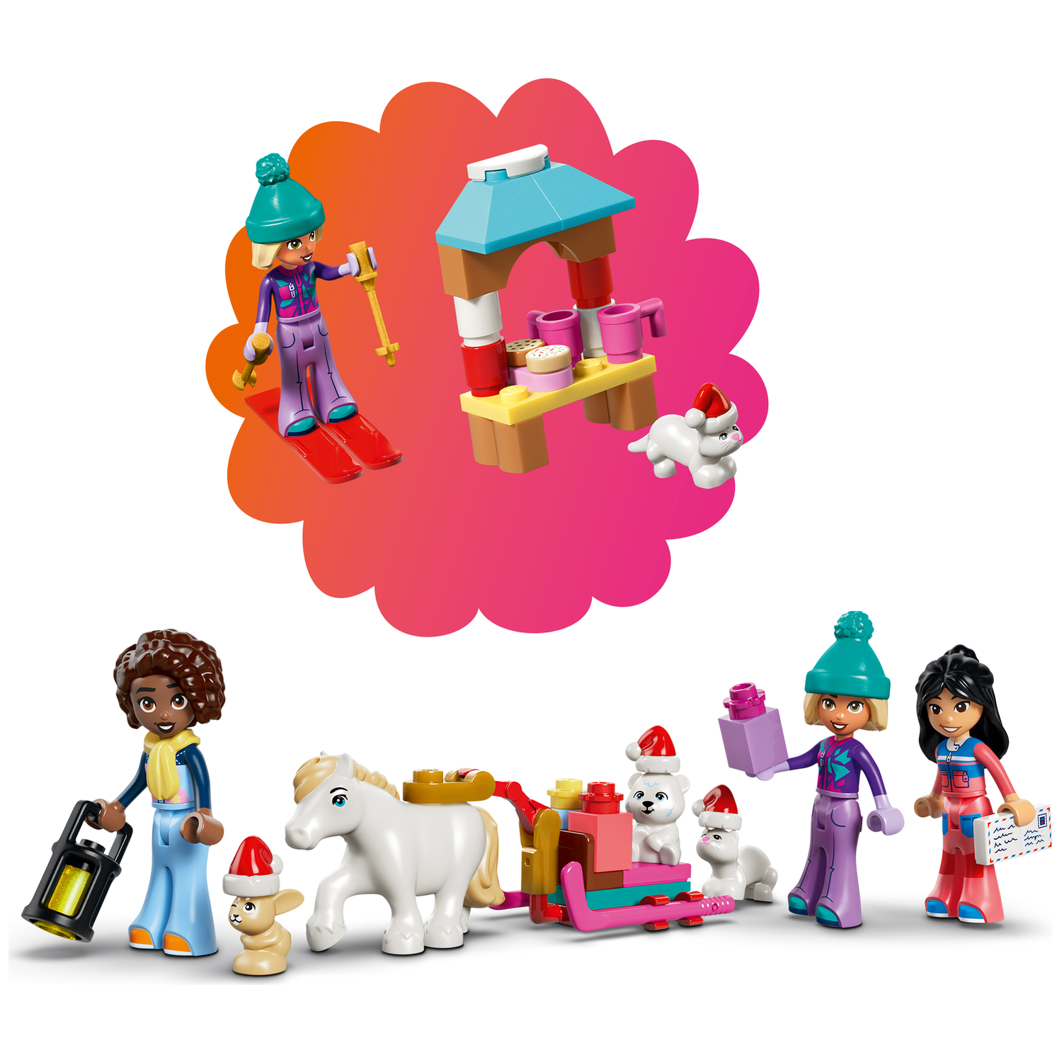 Figurines Lego avec traîneau, cheval, animaux et un stand de nourriture sur fond blanc.