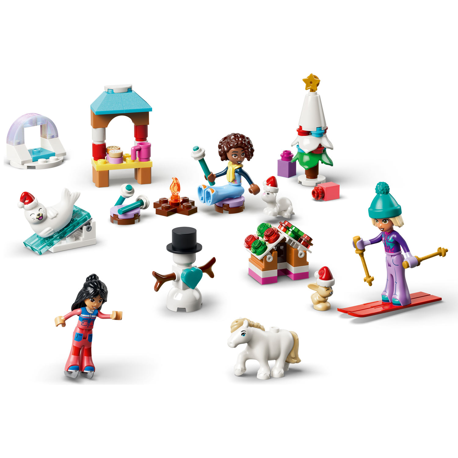 Scène d'hiver Lego avec figurines, animaux, bonhomme de neige, sapin et cadeaux.