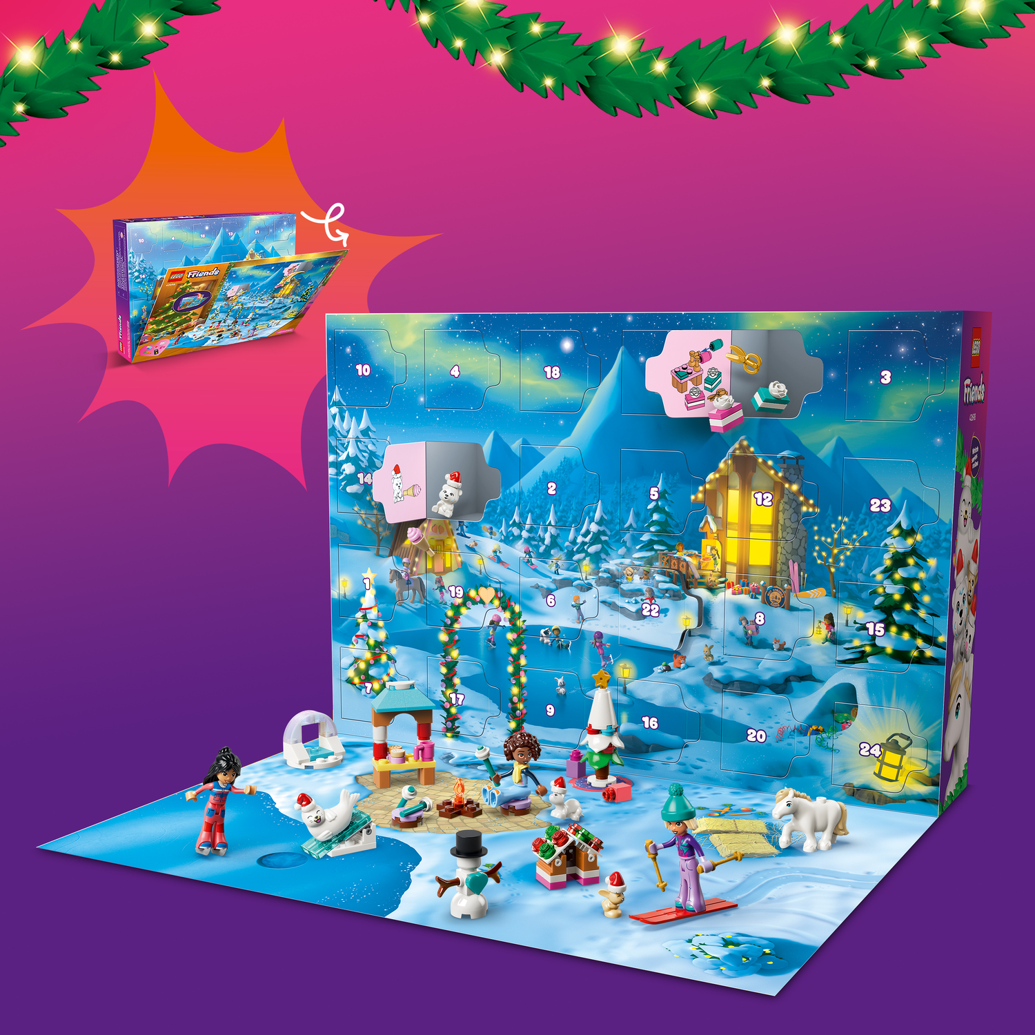 Calendrier de l'avent LEGO Friends avec scène hivernale et figurines.