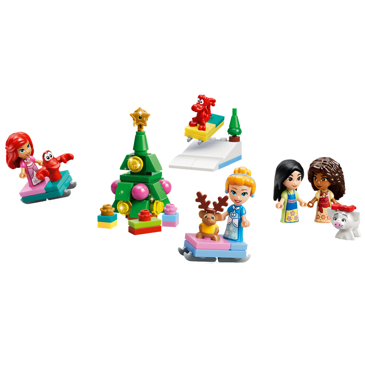 Scène de Noël Lego avec Ariel, Belle, Mulan, Moana, Sven et Pascal.