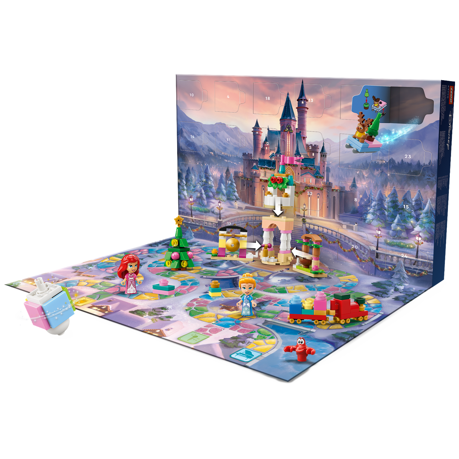 Calendrier de l'Avent Disney avec château, personnages et train dans un décor enneigé.
