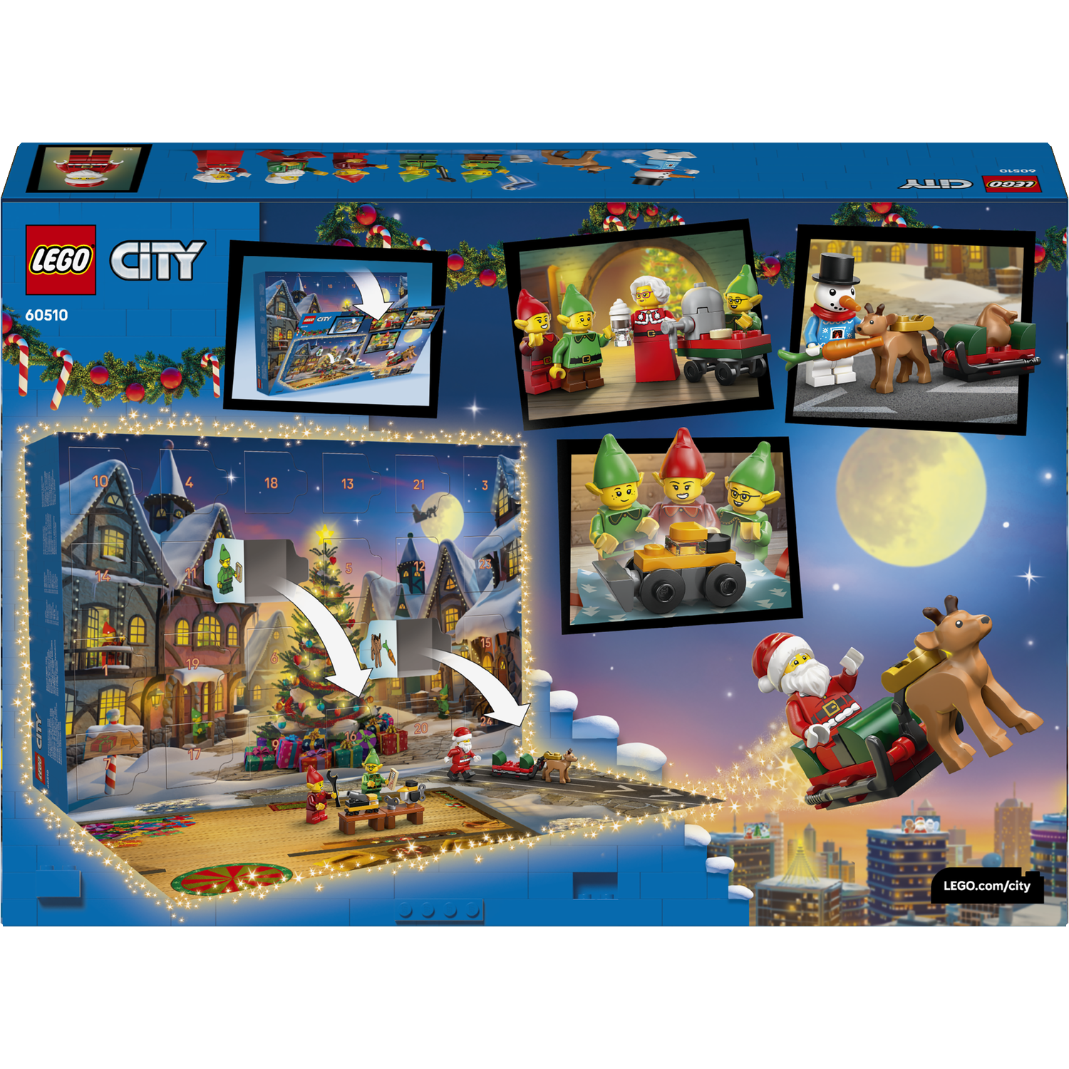 LEGO City Adventskalender met winterse stad, elfjes, kerstman en meer.