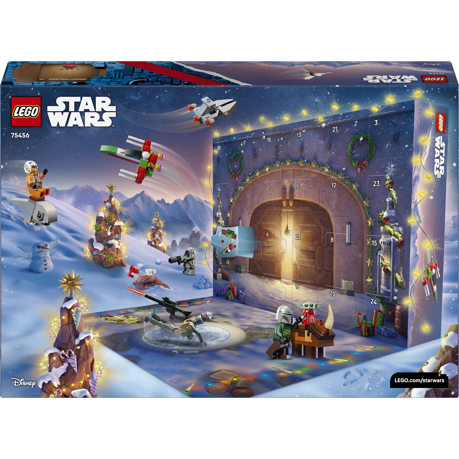 Calendrier de l'Avent Star Wars avec figurines et véhicules dans un paysage enneigé.
