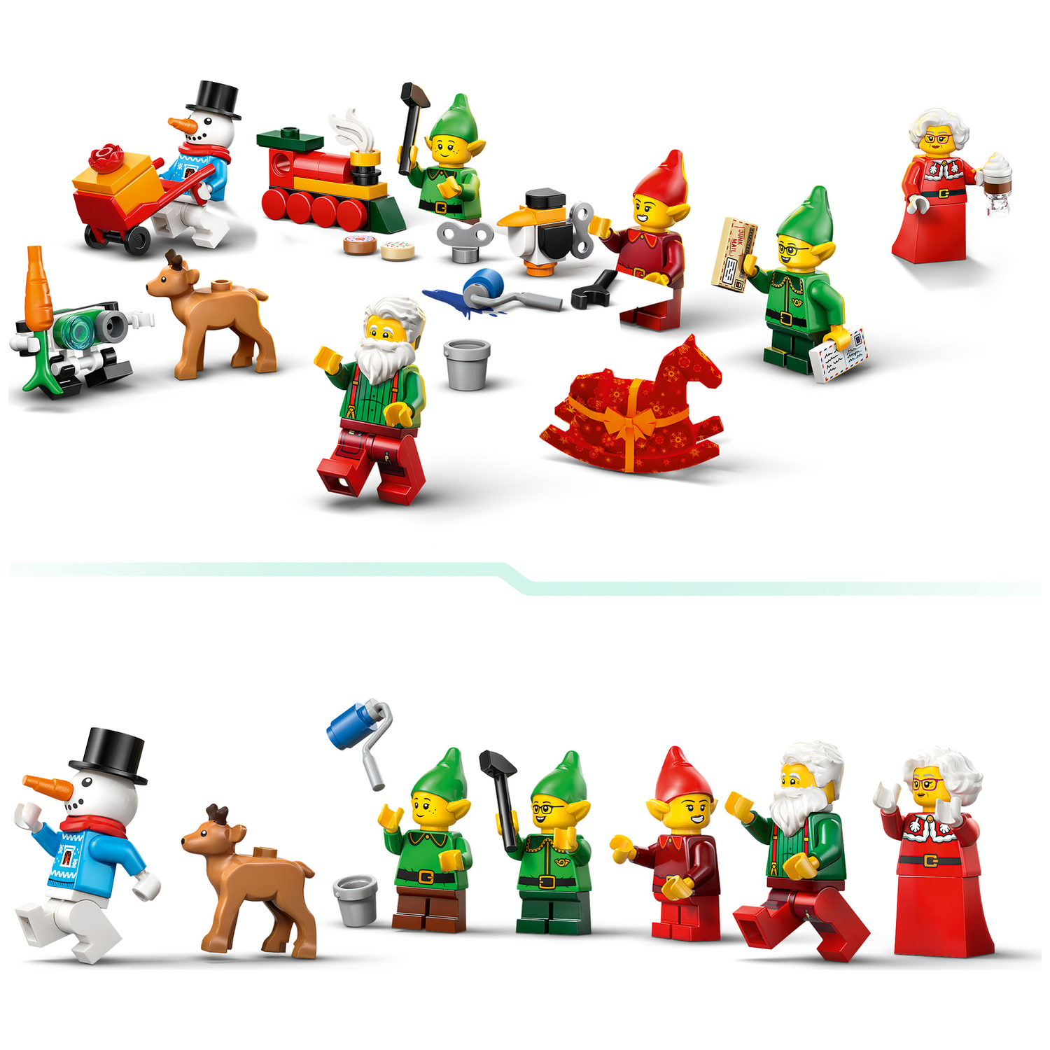 Lego figuren: Kerstman, elfjes, sneeuwpop, hert, trein, hobbelpaard.