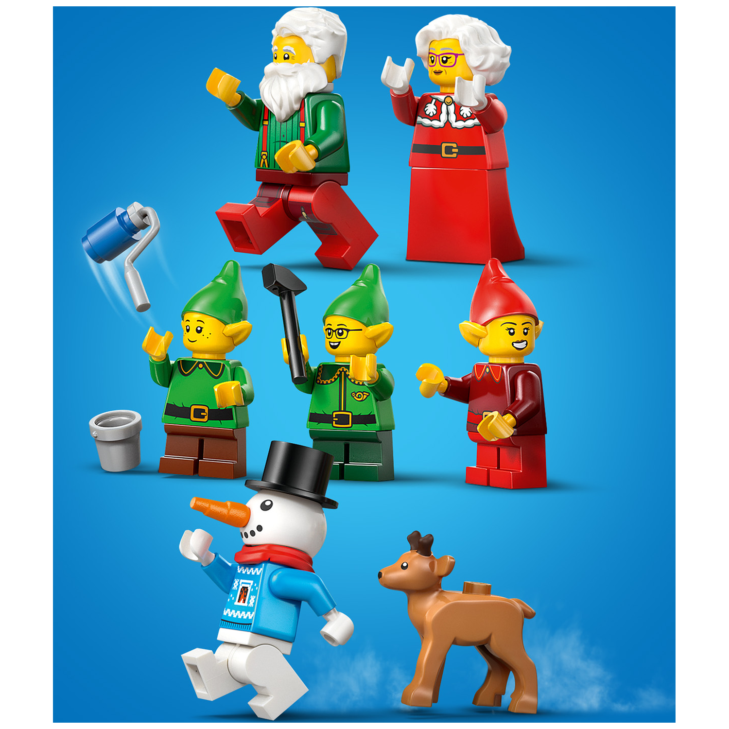 Kerstfiguren: Kerstman, Mevrouw Claus, elfjes, sneeuwpop, rendier op blauwe achtergrond.