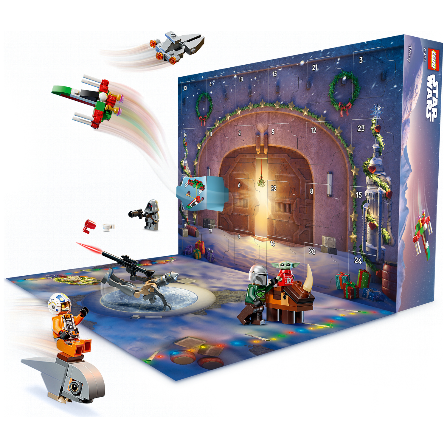 Un calendrier de l'avent LEGO Star Wars avec figurines et vaisseaux dans une scène hivernale.