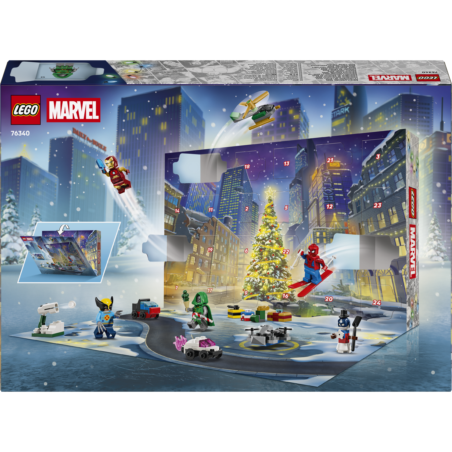 Calendrier de l'avent Lego Marvel avec scène de ville hivernale, Iron Man, Spider-Man, Wolverine et Dr. Doom.