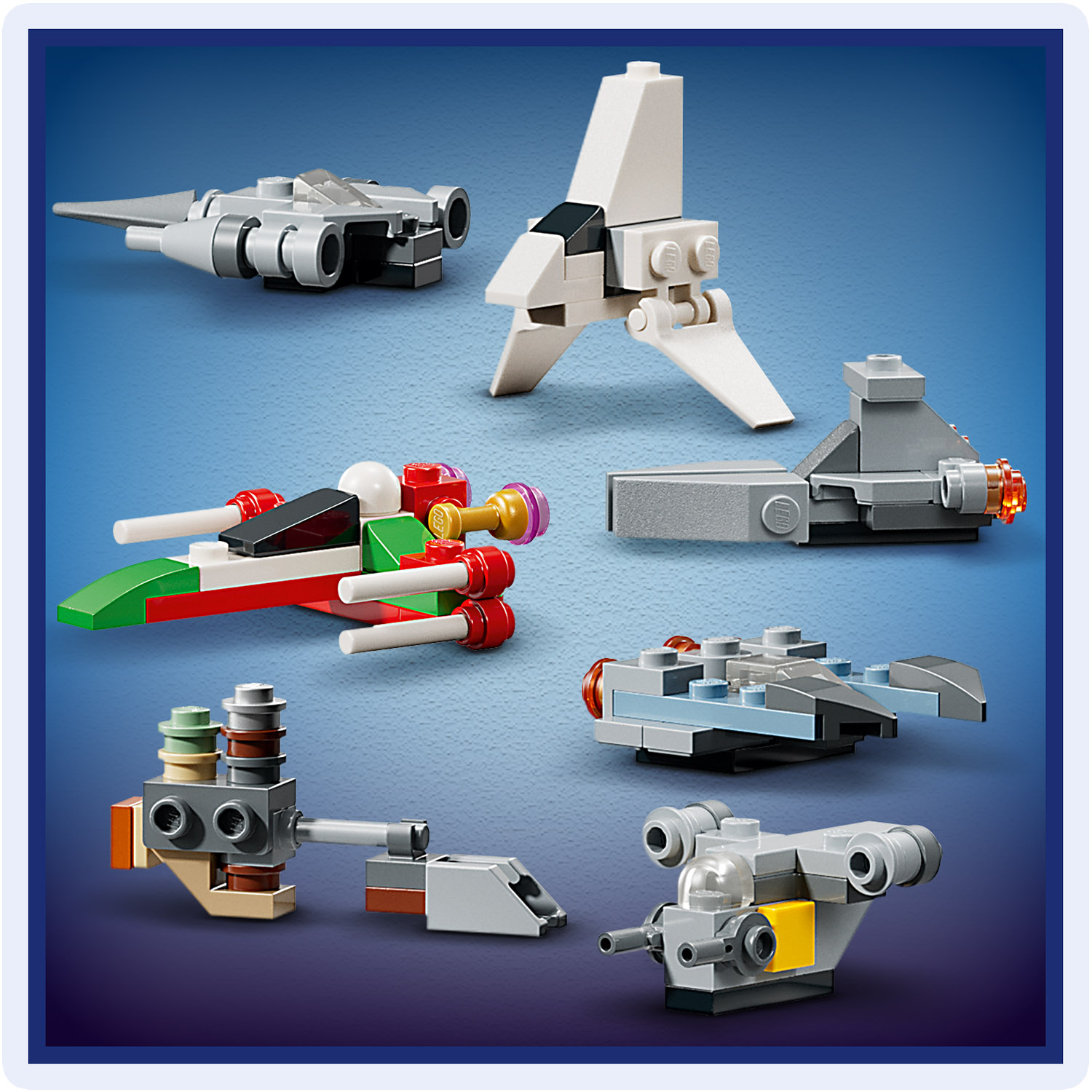 Six petits vaisseaux spatiaux LEGO de différentes couleurs et designs, sur fond bleu.