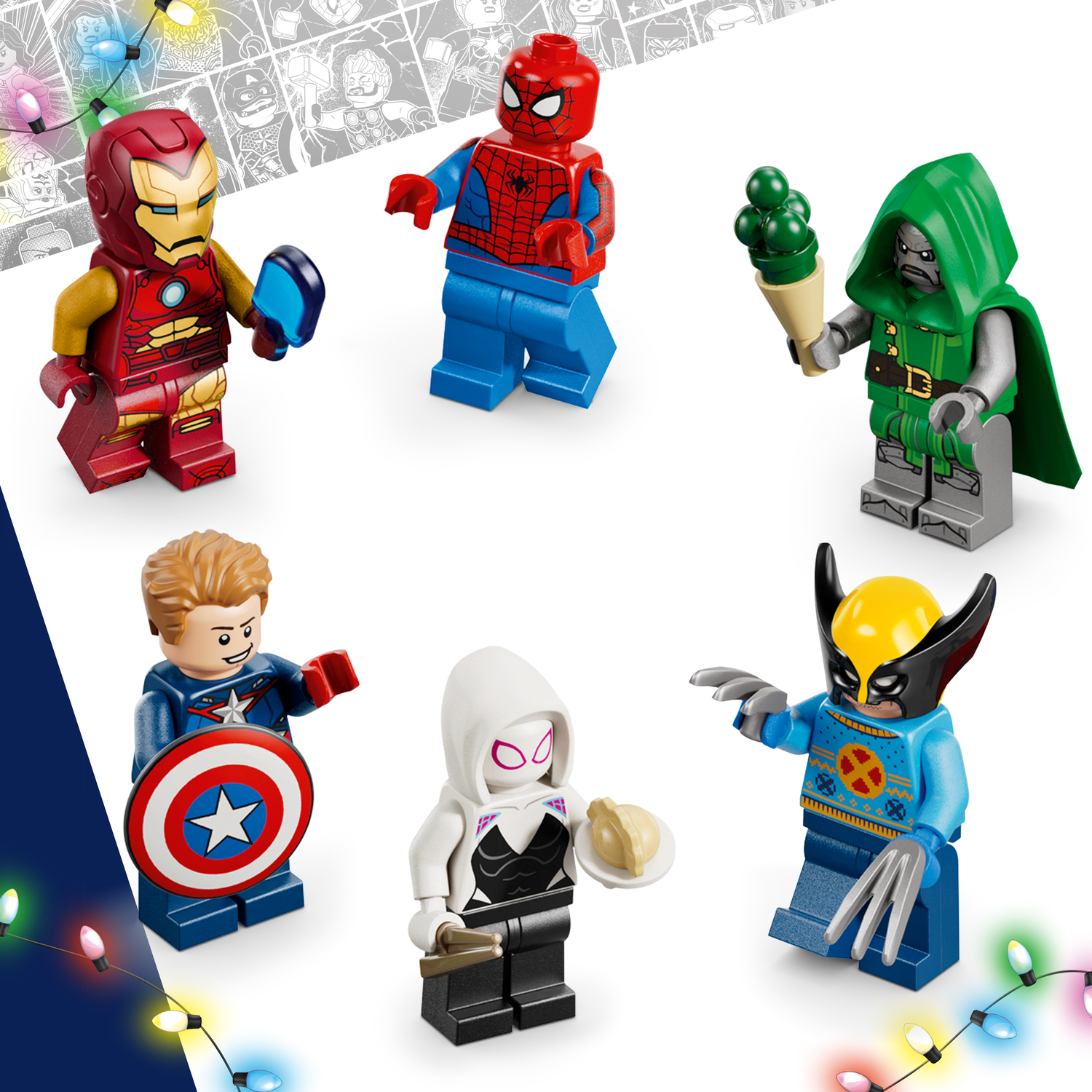 Figurines Lego : Iron Man, Spider-Man, Doctor Doom, Captain America, Ghost-Spider, Wolverine.