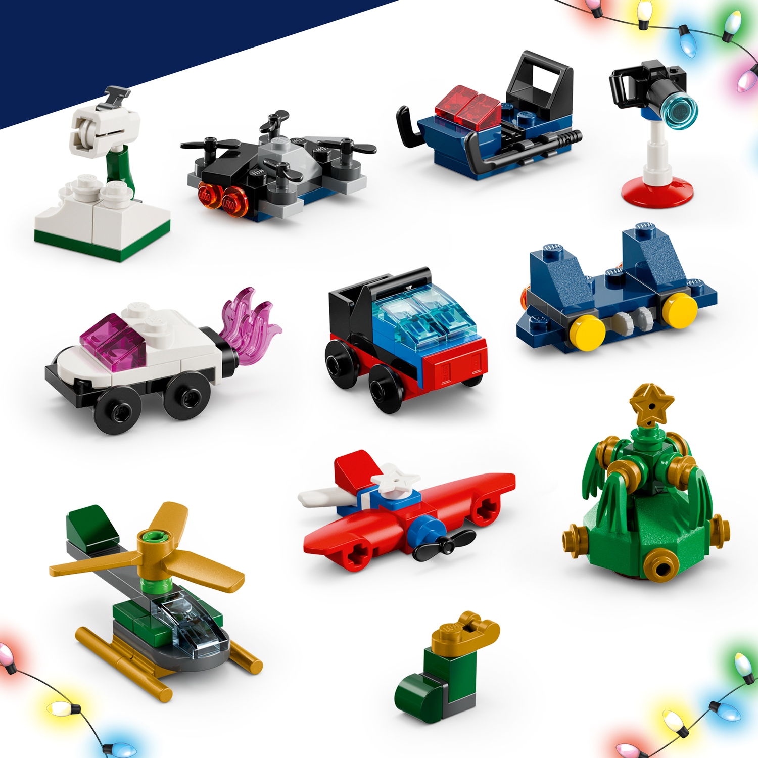Modèles colorés Lego : appareil photo, drone, voiture, avion, train, sapin.