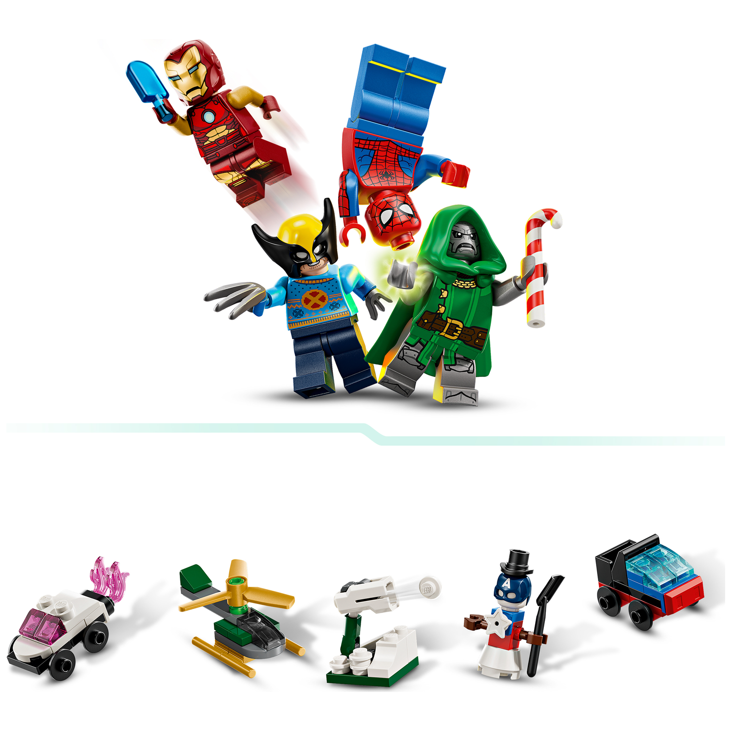 Figurines Lego : Iron Man, Spiderman, Wolverine, Doctor Doom et petits véhicules.
