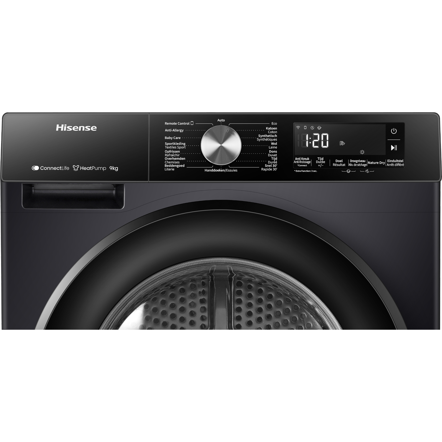 Control panel of a black Hisense washing machine with a dial and digital display.