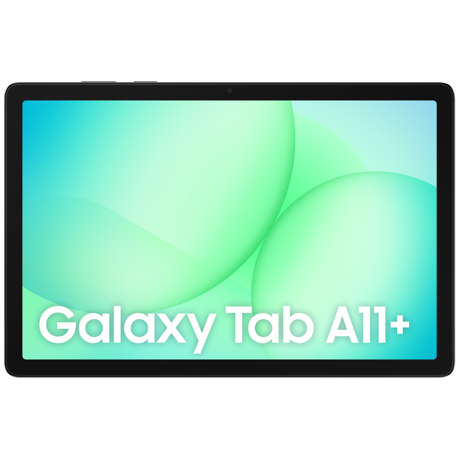 Een zwarte Samsung Galaxy Tab A11+ tablet met een blauwgroene achtergrond.