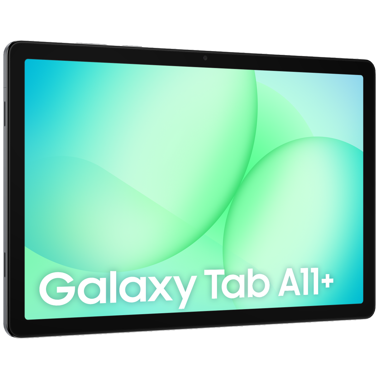Een zwarte Samsung Galaxy Tab A11+ tablet met een groen-blauwe achtergrond.