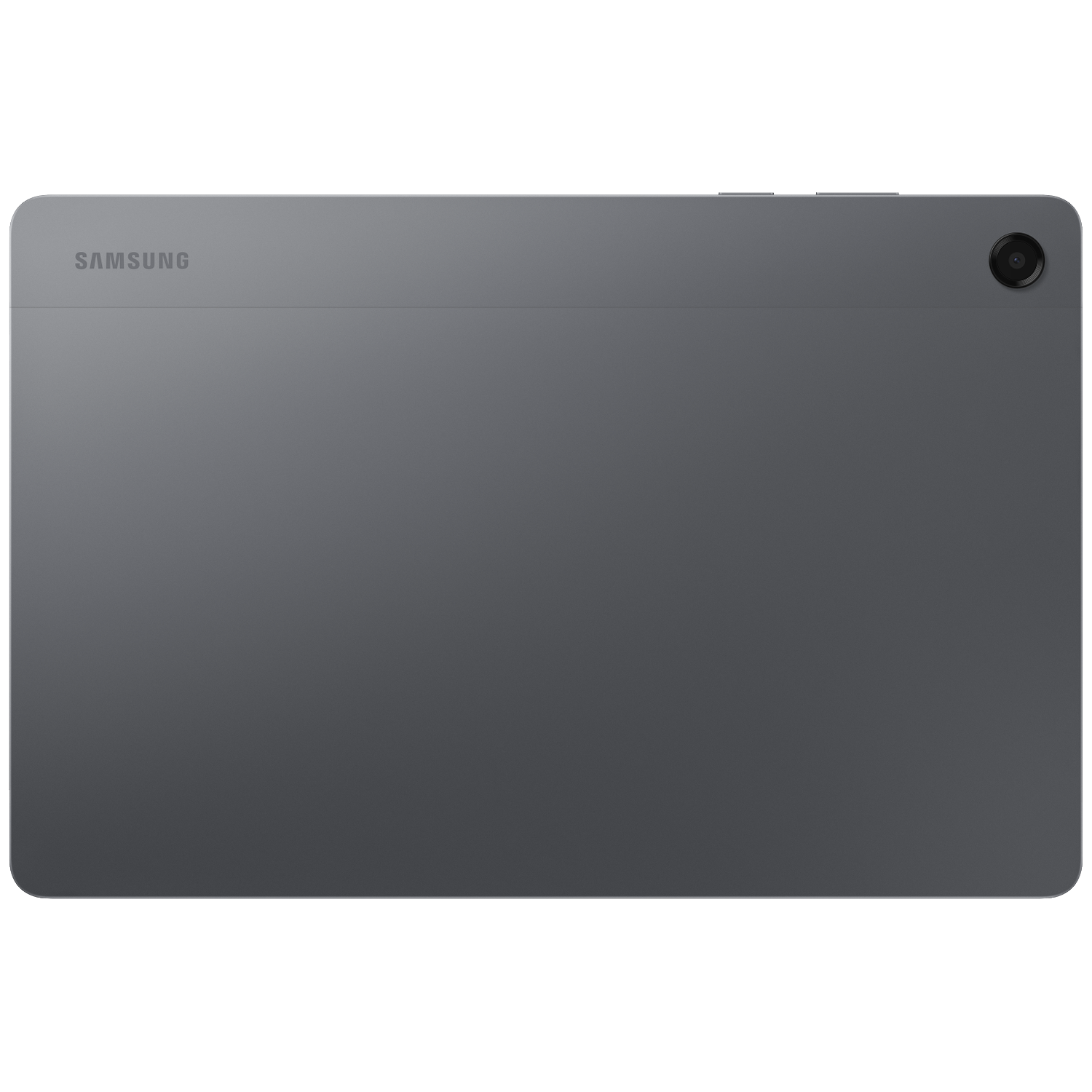 Achterkant van een grijze Samsung tablet met camera en logo.