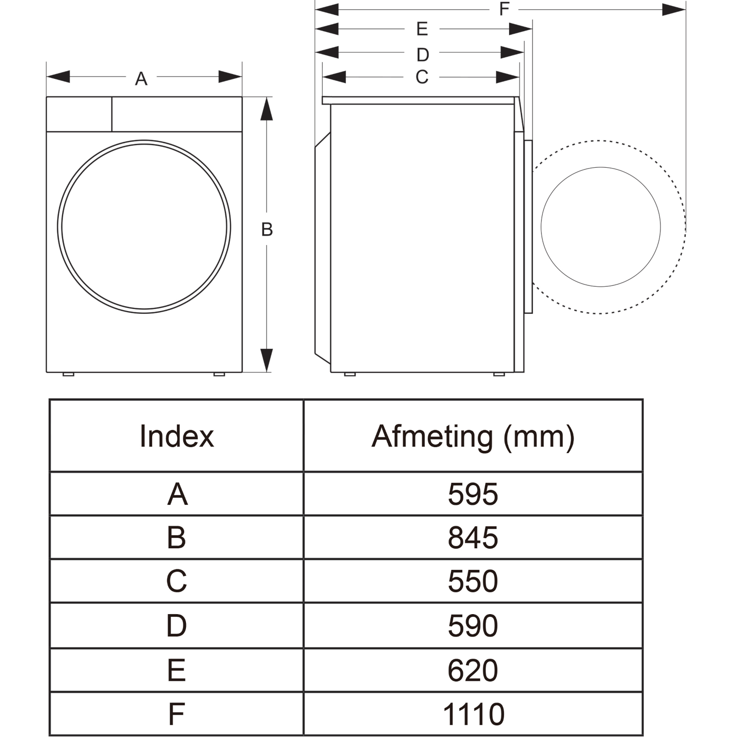 Technical drawing of a washing machine with dimensions A-F and a table.