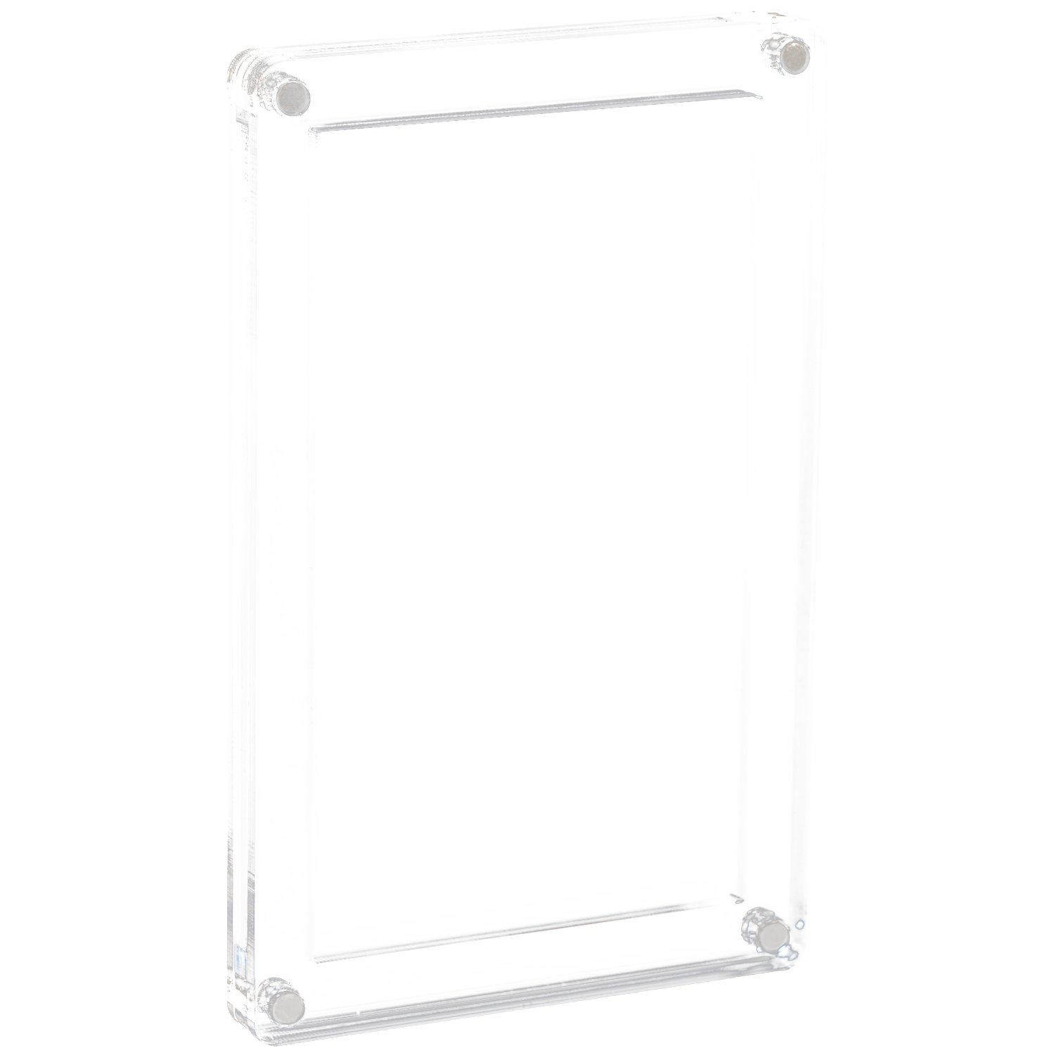 A clear acrylic frame with silver screws in each corner.