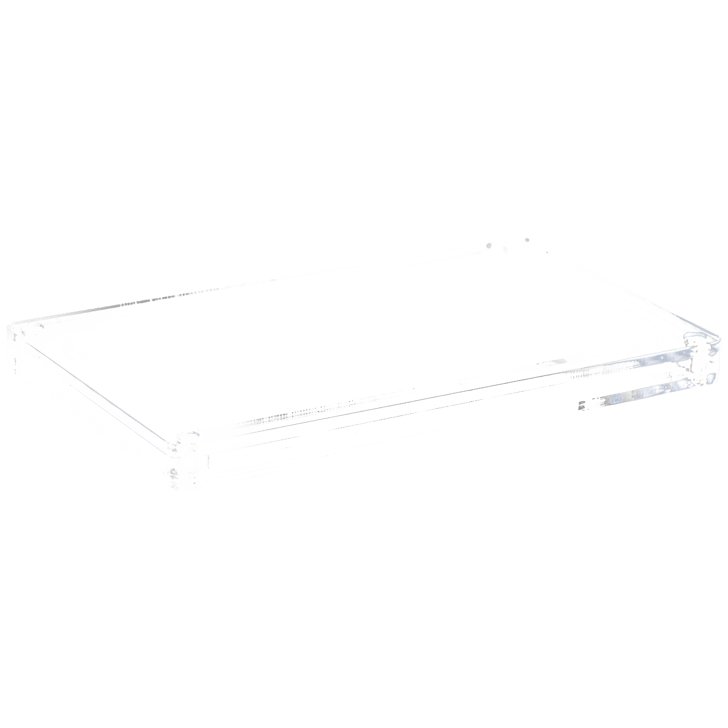 A clear rectangular acrylic tray with rounded corners and a smooth surface.