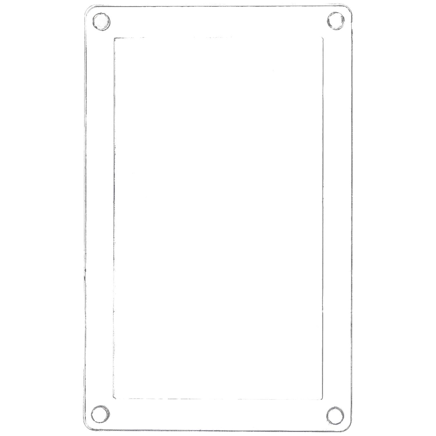 Drawing of a rectangular, transparent case with four mounting holes.