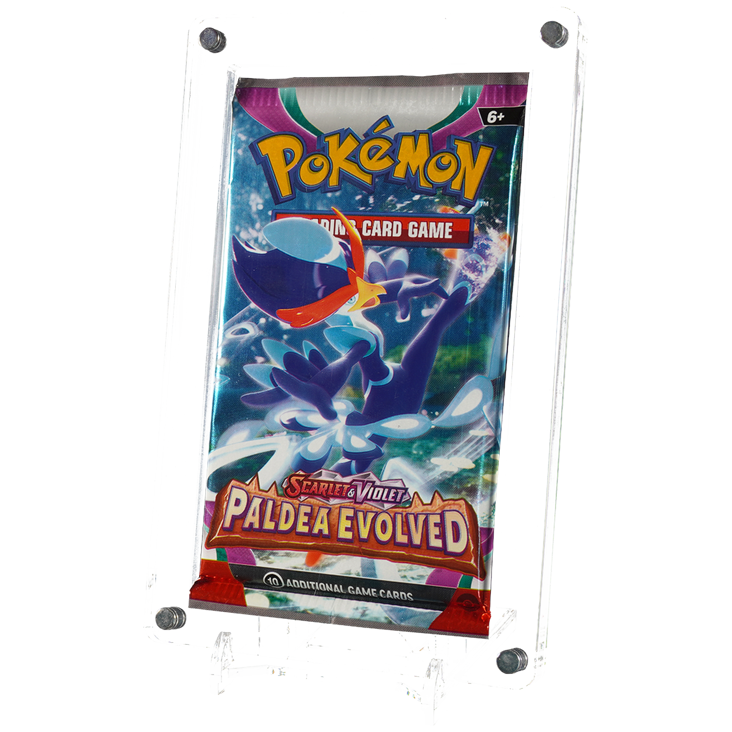 Pokémon Scarlet & Violet Paldea Evolved pack in an acrylic holder on black.