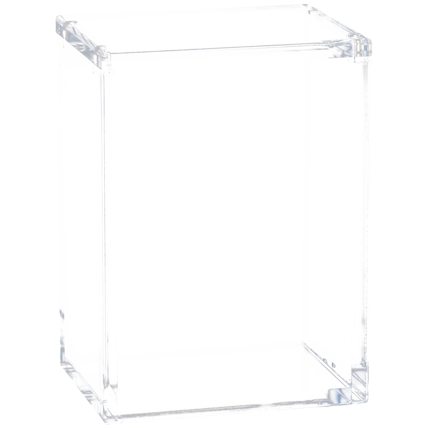 A clear acrylic container with defined edges and corners, set against a white background.
