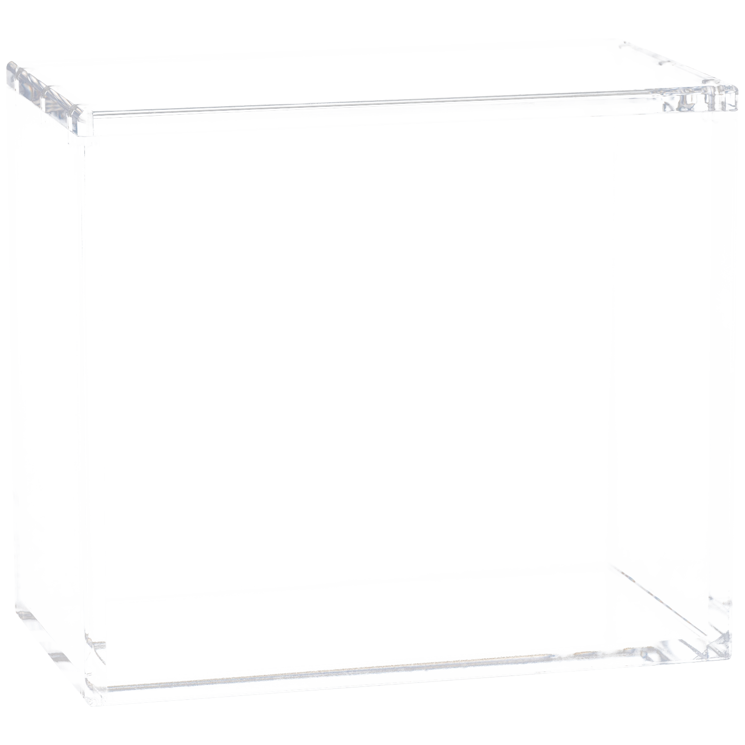 An empty, transparent acrylic cube on a white background.