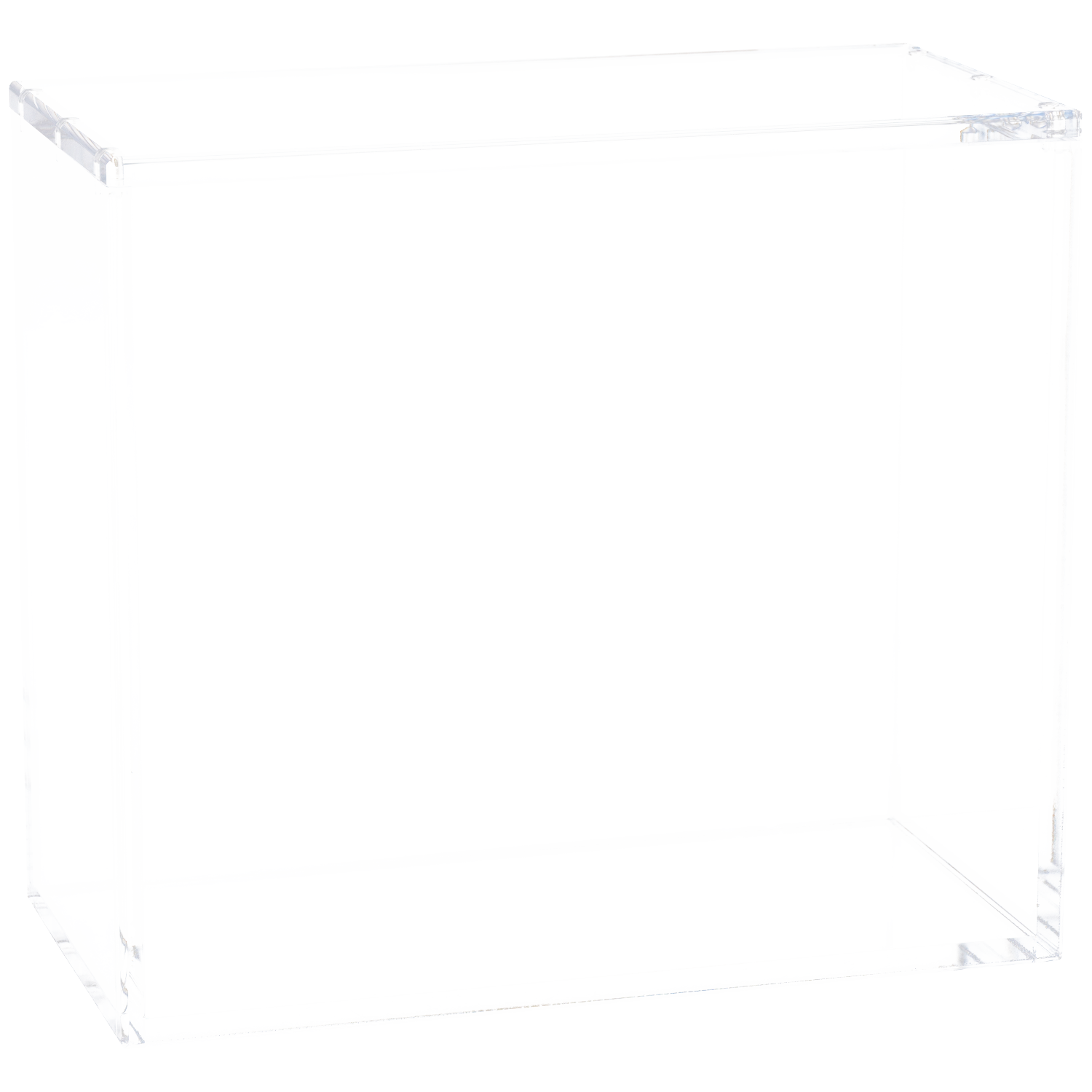 A transparent acrylic cube on a white background with visible corners.