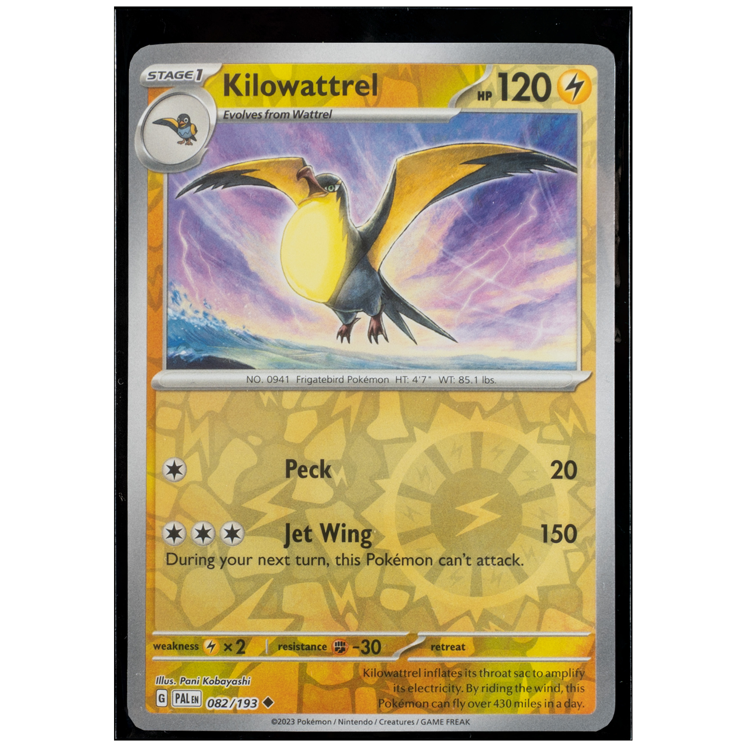 Kilowattrel Pokémon card showing a bird flying over the sea under a stormy sky.