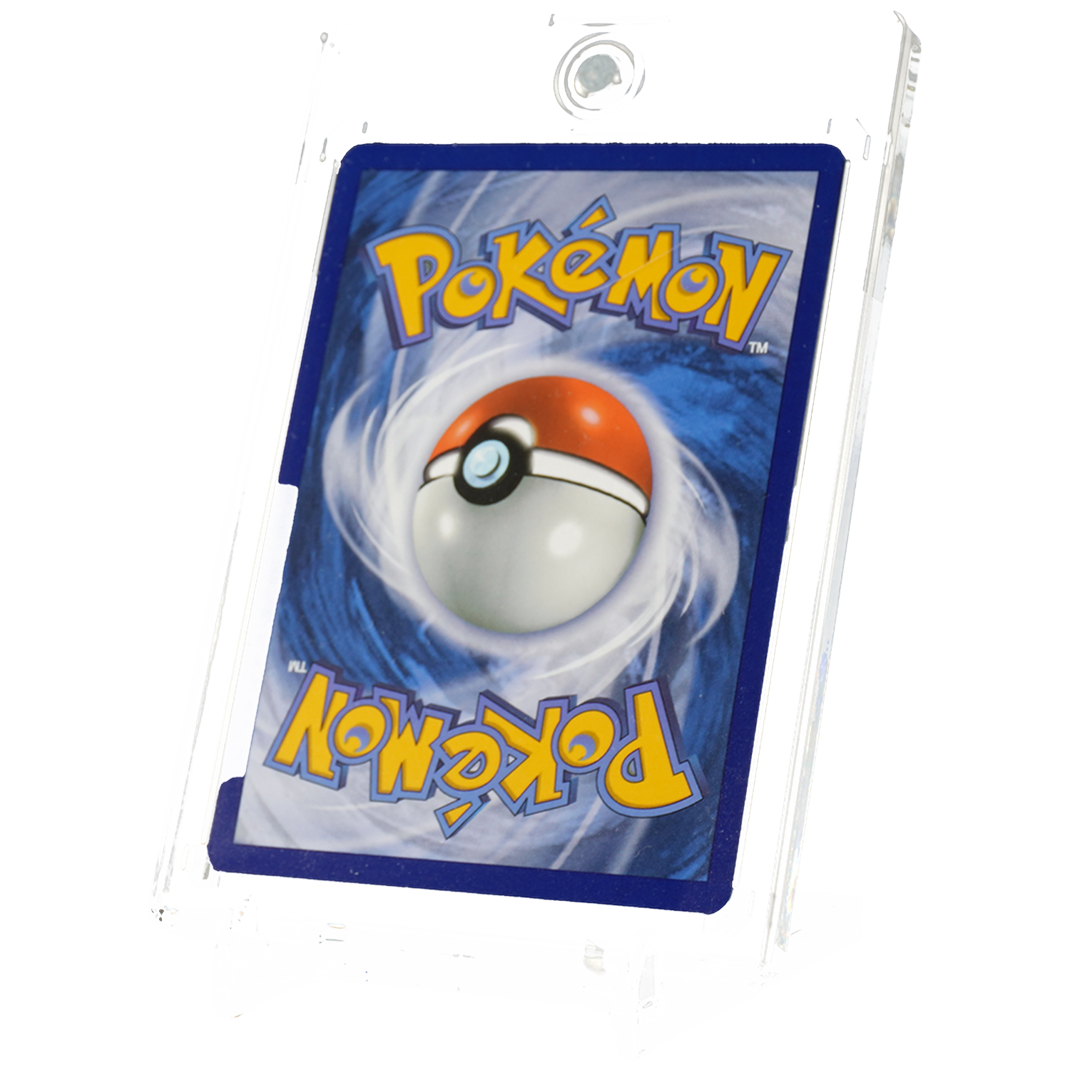 Back of a Pokemon card in a black holder on a black background.