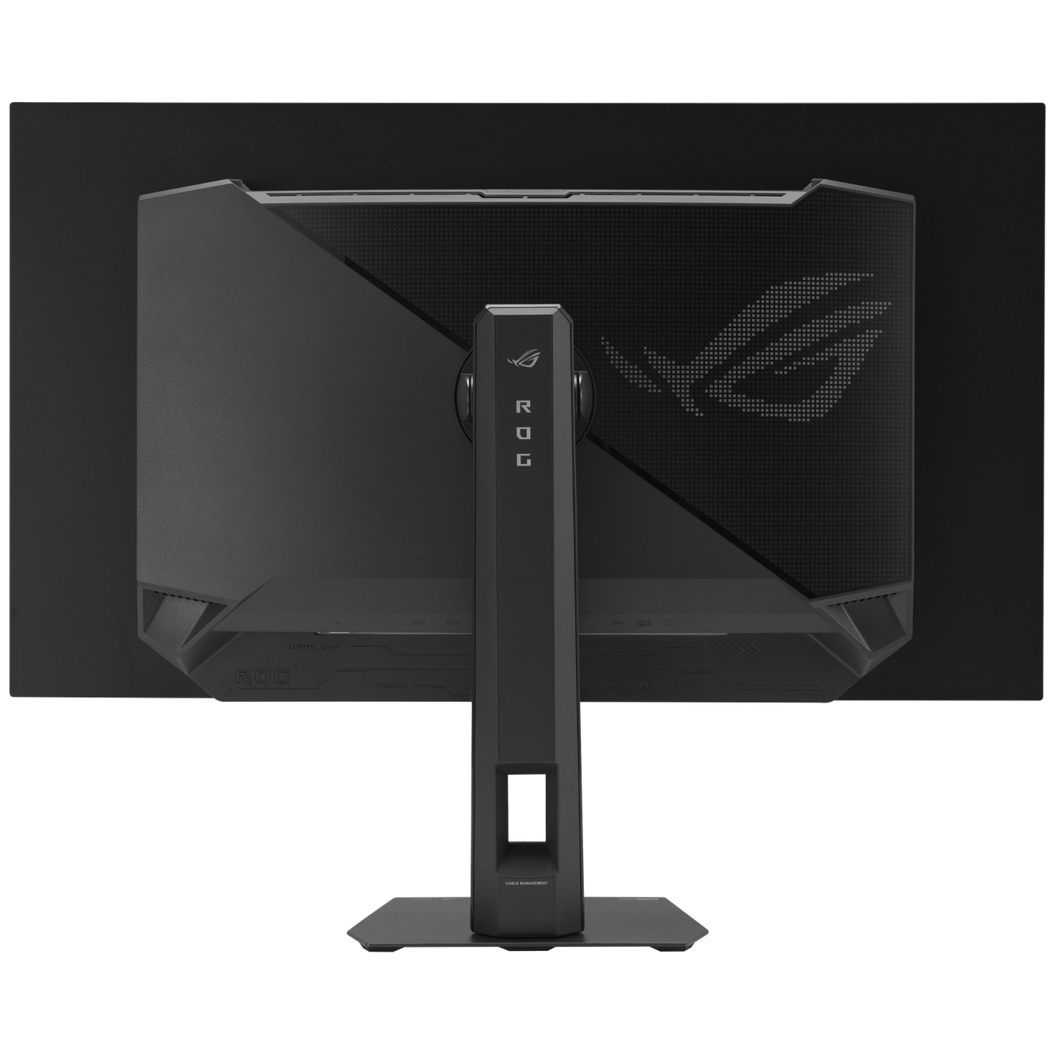 Achterkant van een zwarte monitor met ROG-logo en standaard.