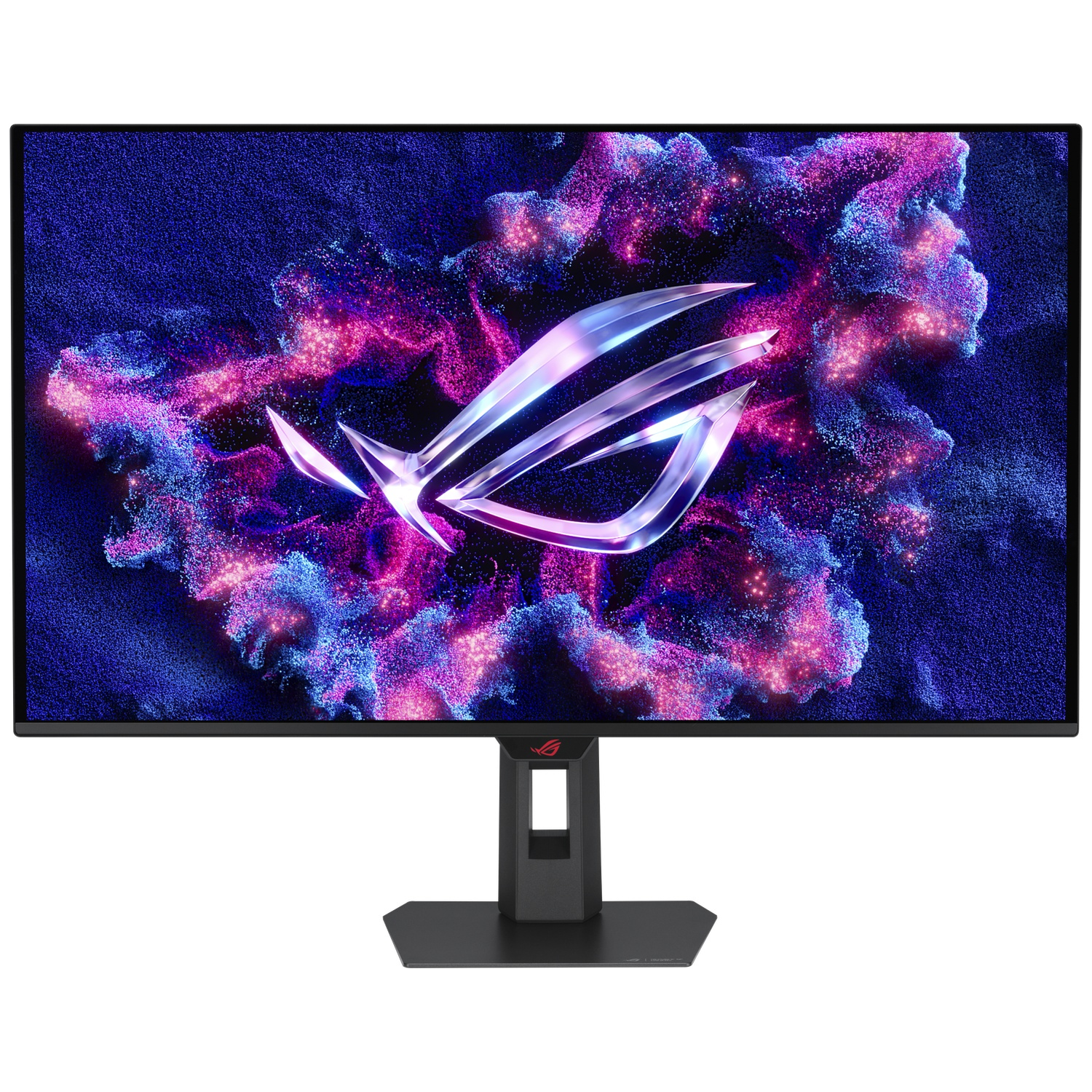 Een gaming monitor met ROG-logo te midden van een kleurrijke abstracte deeltjesexplosie.